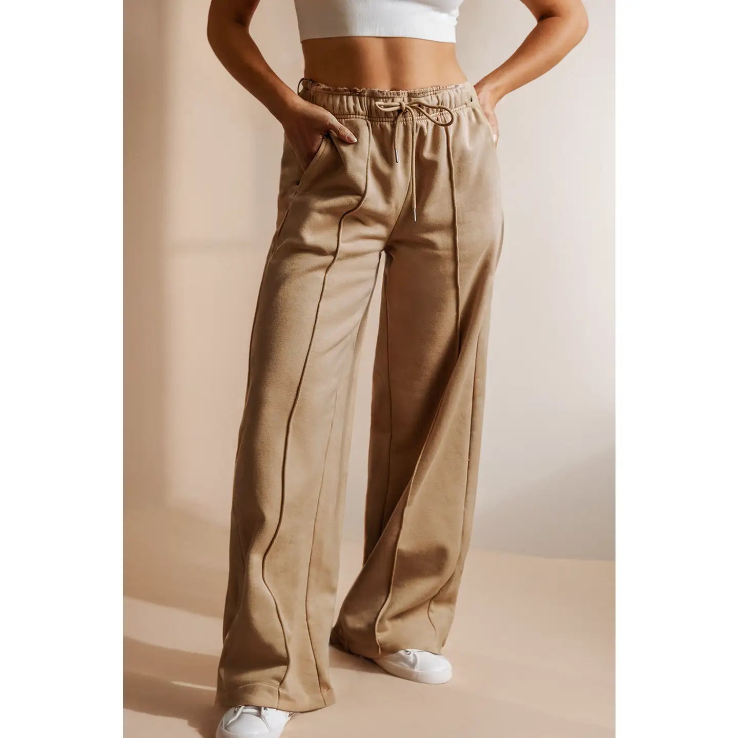 Exposed Seam Drawstring High Waist Wide Leg Pants