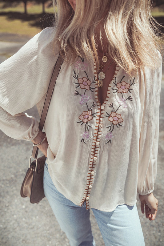 Floral Embroidered Textured Puff Sleeve Loose Shirt